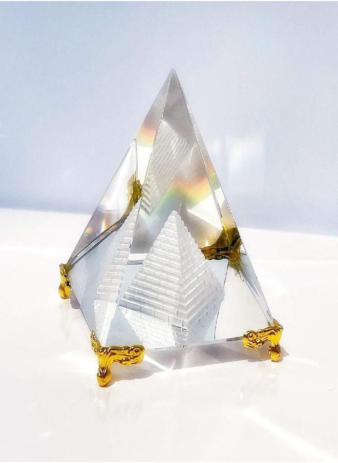 Crystal Pyramid Prism, Feng Shui Crafts Meditation Crystal with Gold Stand for Home Office Art Decor, Pyramids Gift, Stand for Prosperity, Positive Energy and Good Luck(3.15inch/80mm)