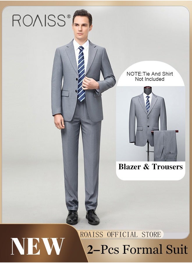 2Pcs Business Casual Formal Suit for Men 2 Buttons Single Breasted Lapel Collar Blazer Trousers Set for Bridegroom Host or Office Wear