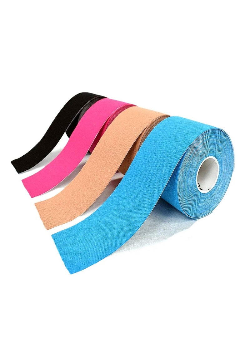 4 Rolls Waterproof Breathable Kinesiology Tape, Athletic Elastic Kneepad Muscle Pain Relief Knee Taping for Gym Fitness Running Tennis Swimming Football (Black, Skin, Pink, Light Blue)