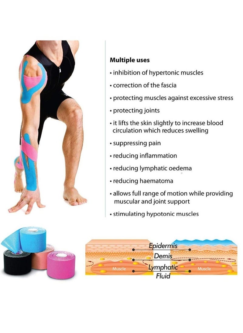 4 Rolls Waterproof Breathable Kinesiology Tape, Athletic Elastic Kneepad Muscle Pain Relief Knee Taping for Gym Fitness Running Tennis Swimming Football (Black, Skin, Pink, Light Blue)