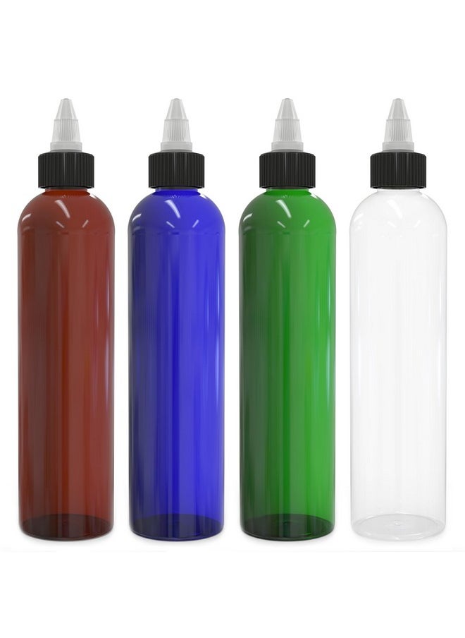 Twist Top Applicator Bottles, 8 Oz Multicolored Squeeze Empty Plastic Bottles, Black Nozzle, Bpa-Free, Pet, Refillable, Open/Close Nozzle - Multi Purpose (4 Pieces)