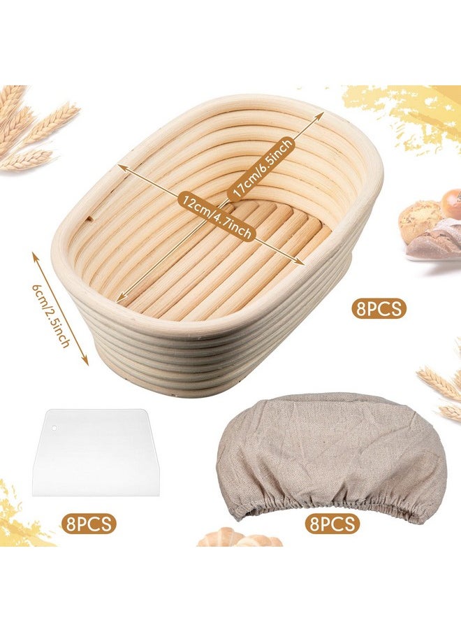 Oval Banneton Bread Proofing Basket Set Of 8, Sourdough Bread Baking Bowl Kit With Cloth Liners And Dough Scrapers Natural Rattan Bread Banneton Sourdough Bowl Basket For Bakers (6.5 Inch)