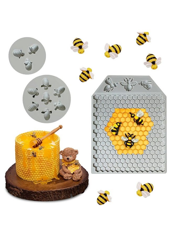 Honeycomb Bees Silicone Fondant Cake Mold, 3Pcs 7 Cavity Bumble Bee Silicone Mold, Beehive Silicone Baking Molds, Silicone Cupcake Decorating Fondant Candy Baking Cake Moulds, Sugar Cube Mold