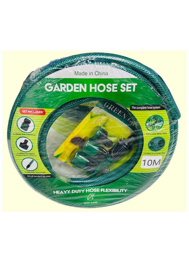 10m Flex Garden Hose Green, 2-Layer PVC Fiber, Durable and Lightweight for Outdoor Watering