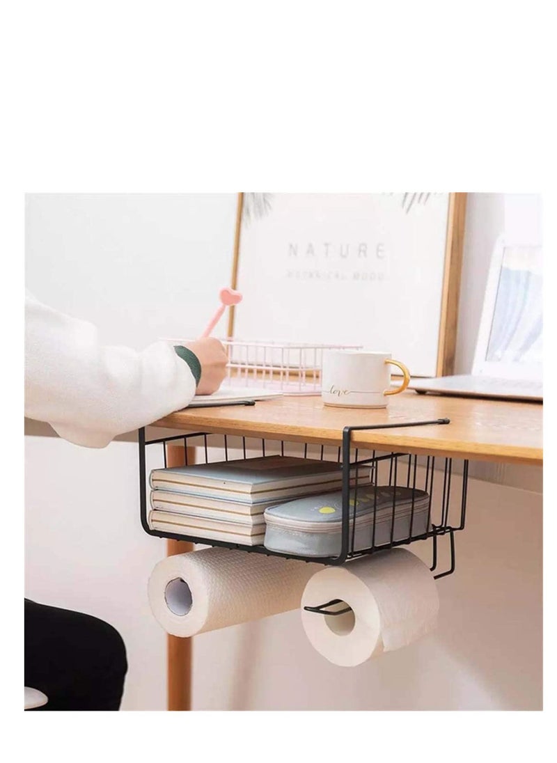 Kitchen Hanging Storage, Multi-function Kitchen Cabinets Interlayer Metal Basket Rack, Paper Towel Holder, Embedded Suspension Storage Shelf Space Save for Bathroom, Wardrobe, Easy Assembly