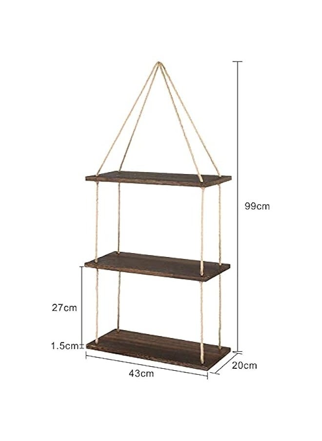 3-Tiered Wooden Rope Shelf - Rustic Hanging Shelves for Home Decor in Bedroom, Living Room, Bathroom, and Kitchen