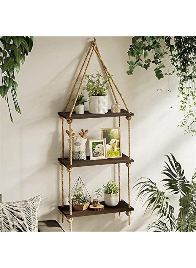 3-Tiered Wooden Rope Shelf - Rustic Hanging Shelves for Home Decor in Bedroom, Living Room, Bathroom, and Kitchen