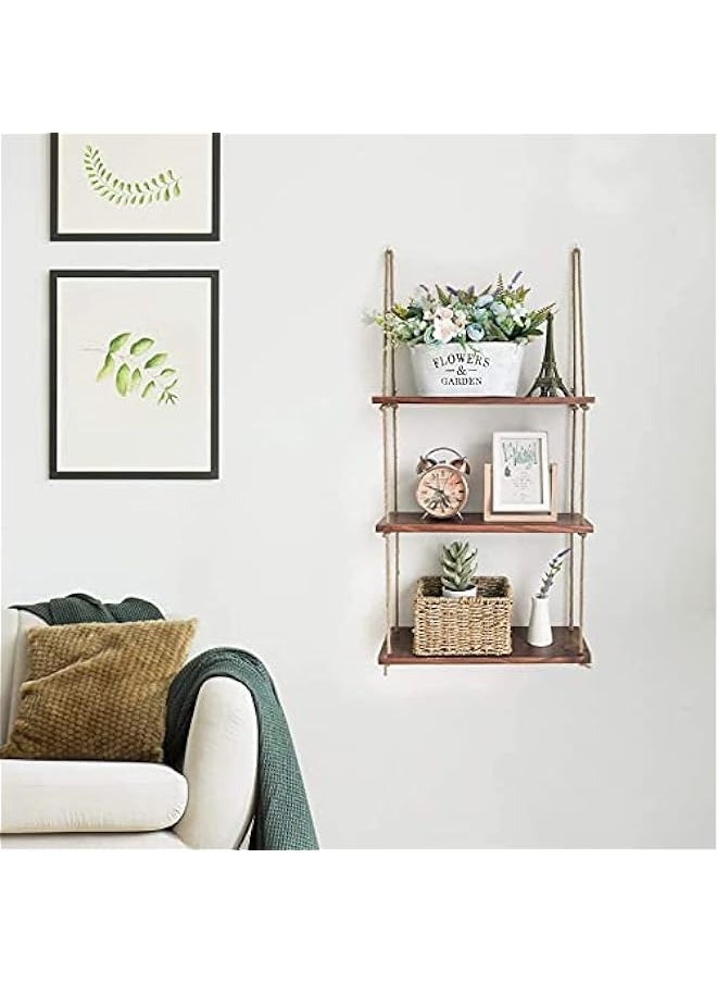 3-Tiered Wooden Rope Shelf - Rustic Hanging Shelves for Home Decor in Bedroom, Living Room, Bathroom, and Kitchen