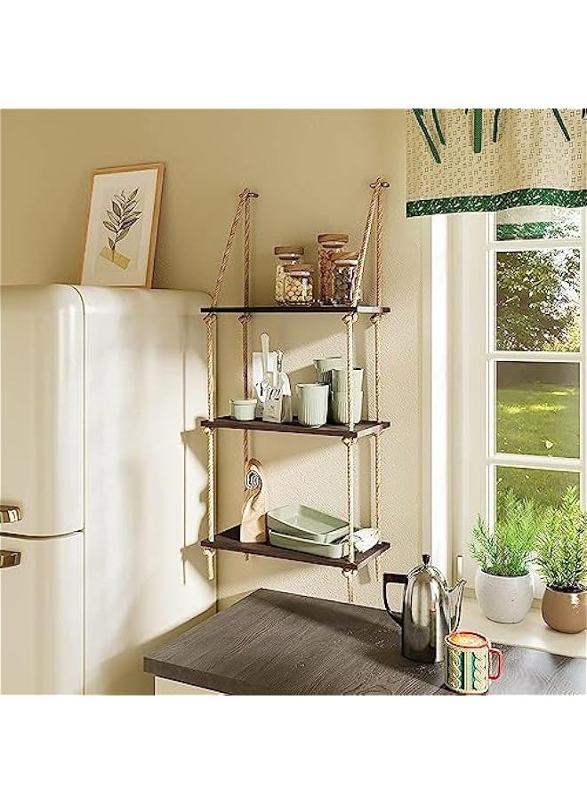 3-Tiered Wooden Rope Shelf - Rustic Hanging Shelves for Home Decor in Bedroom, Living Room, Bathroom, and Kitchen