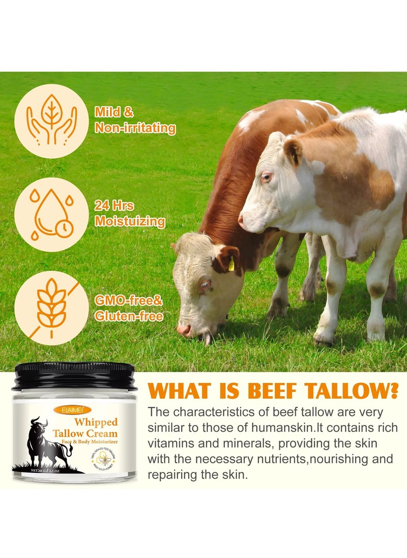 60g Whipped Tallow Cream Beef Tallow Skin Care Deeply Nourishing Organic Grass Fed Tallow Balm for Face and Body Moisturizing Skin Care Cream Beef Tallow Honey Balm Beeswax Whipped Moisturizer Cream