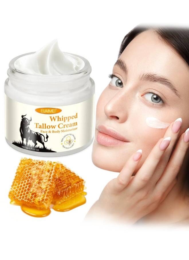 60g Whipped Tallow Cream Beef Tallow Skin Care Deeply Nourishing Organic Grass Fed Tallow Balm for Face and Body Moisturizing Skin Care Cream Beef Tallow Honey Balm Beeswax Whipped Moisturizer Cream