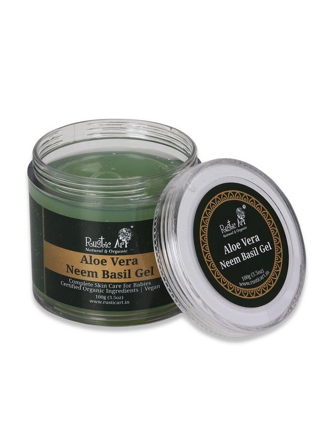 Organic Aloe Vera Neem Basil Gel | Soothing, Cooling | Anti Acne, Reduces Redness | For Kids, Women & Men | 100G