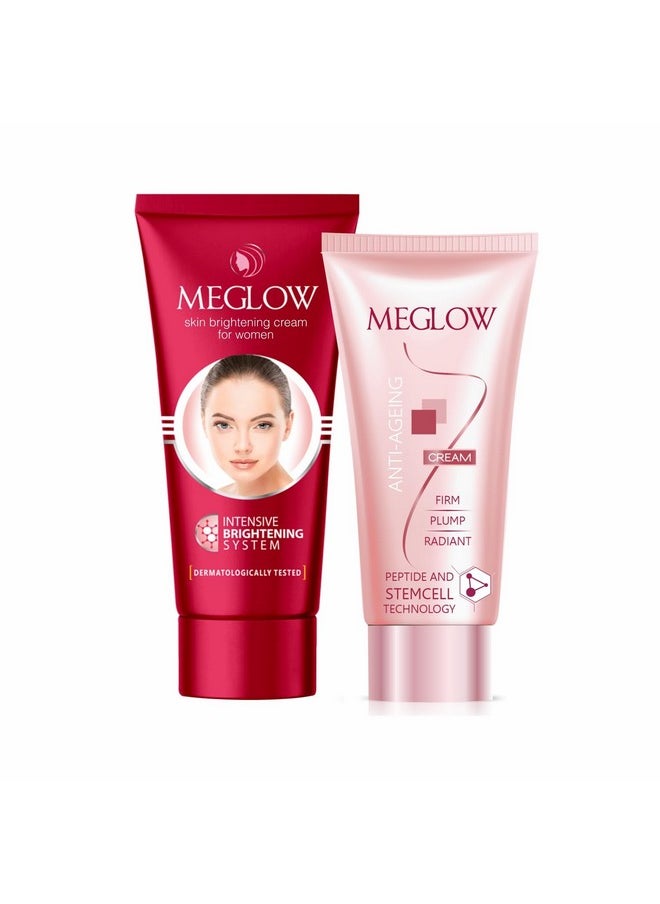 Anti-Aging Combo Pack Of 2 - Meglow Anti-Ageing Cream (30 Gm) With Skin Brightening Cream For Women - Spf 15 (50 Gm) For Hydrating,Toning Rejuvenating Dull Skin