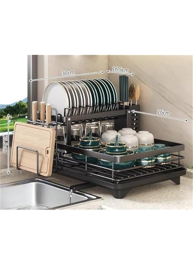 Dish Drying Rack Large Capacity 2 Tier Dish Drying Rack Multifunctional Rustproof Dish Drainers for Kitchen Counter with Drainboard Leak-Proof Spout,Large Utensil Holder, Cup Holder, Black