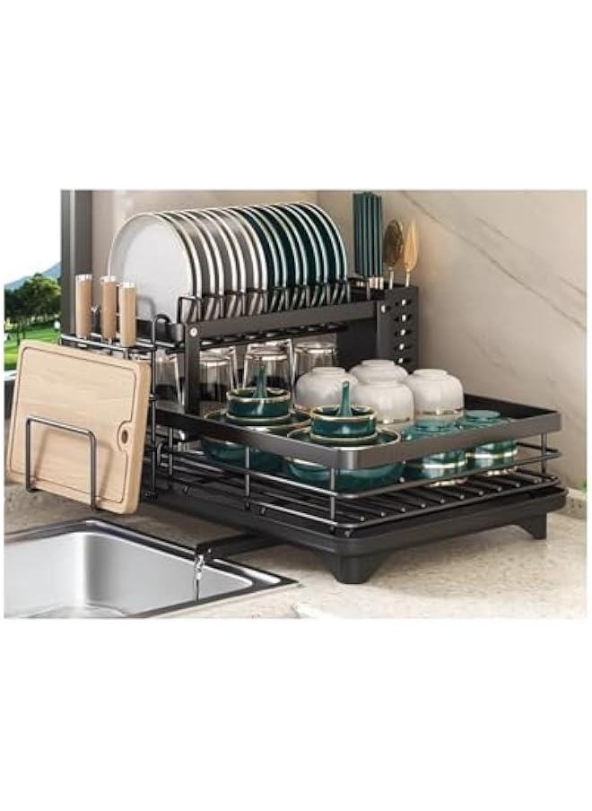 Dish Drying Rack Large Capacity 2 Tier Dish Drying Rack Multifunctional Rustproof Dish Drainers for Kitchen Counter with Drainboard Leak-Proof Spout,Large Utensil Holder, Cup Holder, Black