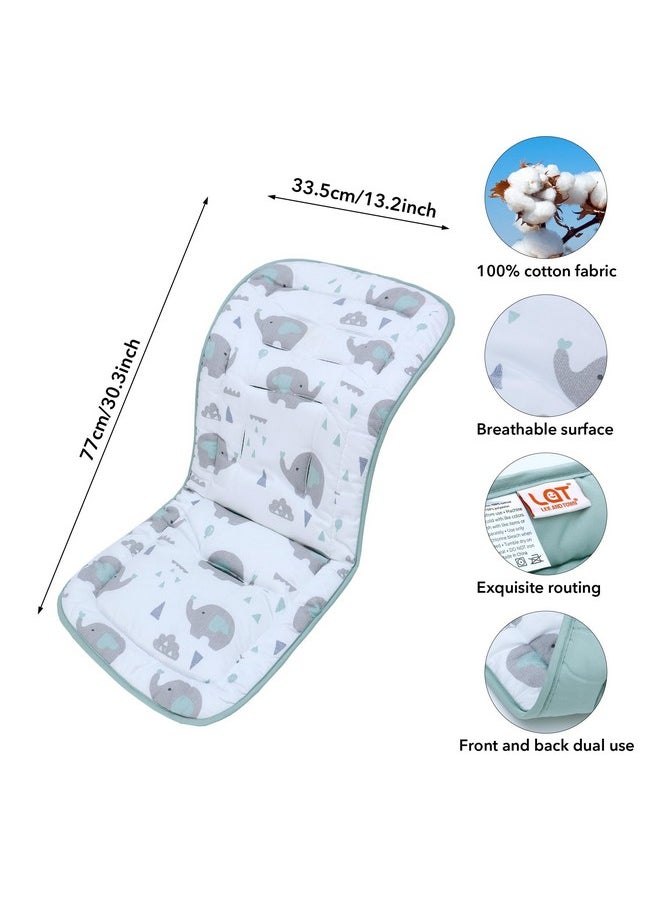 Baby Stroller Cushion,Infant Car Seat Insert-Reversible Universal Breathable And Soft Newborn Stroller Mat,100% Cotton Cover Toddler Seat Pad Liner-34X78Cm,1 Pack(Elephant Green+White)