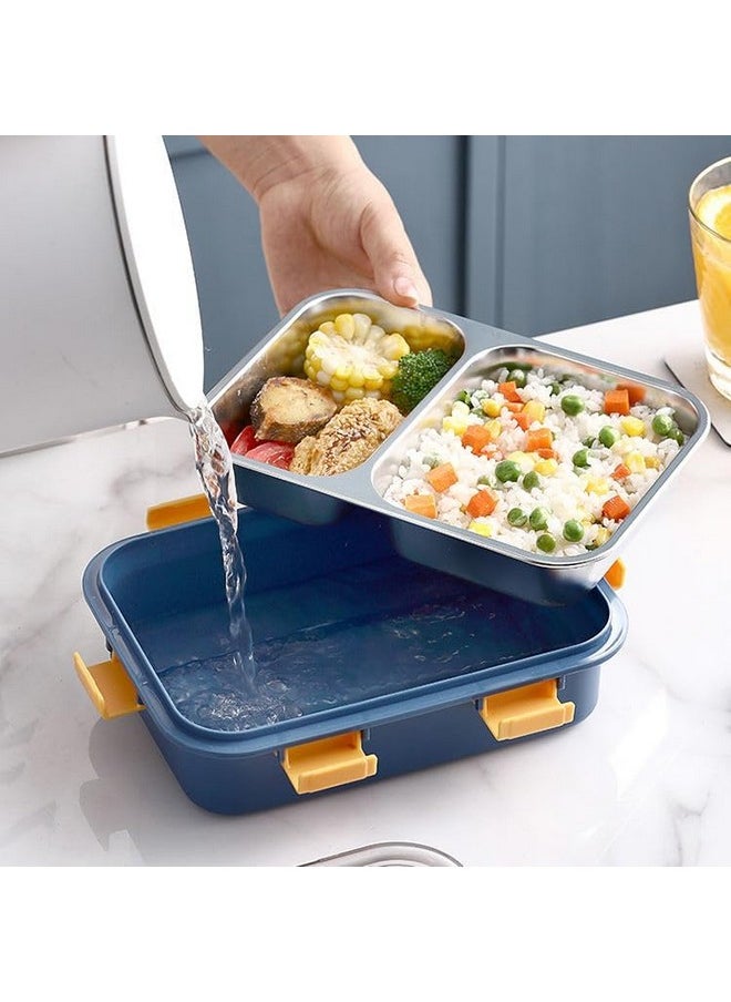 Lunch Box 2 Compartment Leak-Proof Bpa Free Stainless Steel, Lunch Box For Kids, Lunch Box For School & Office With A Fork, A Spoon And A Pair Of Chopsticks Multi Color (Gray)