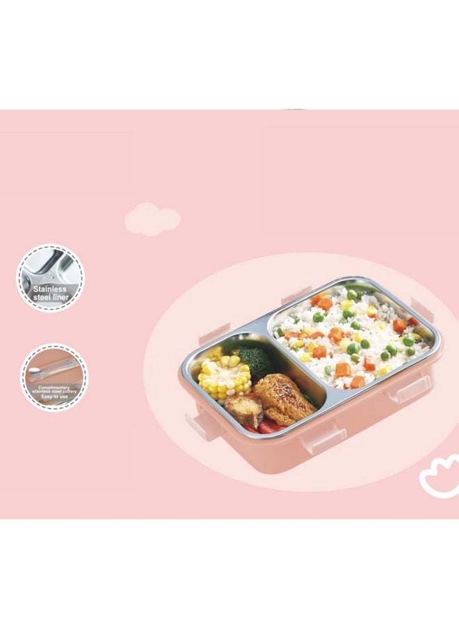 Steel Lunch Tiffin Box For Kids, School & Office, 2 Compartment Stainless Steel Tiffin Box With Soup Bowl, Spoon, Fork, Chopsticks (Lunch Box 800 Ml) - Random Color