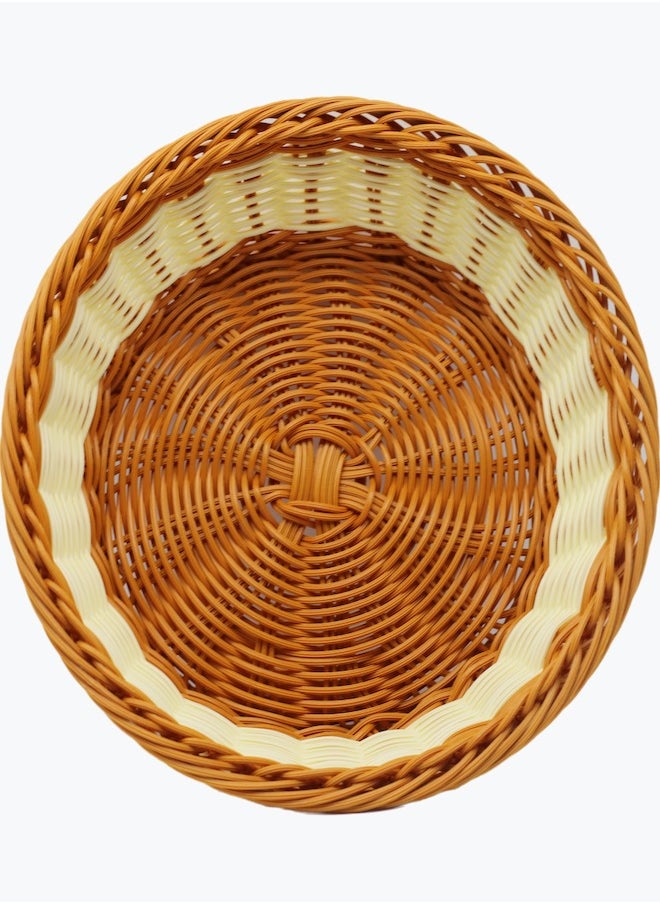 Round Polypropylene Rattan Basket ,Food Vegetable Storage for Kitchen Table, Hand Woven Organizer for Home Deco，White mix Brown,25*7cm