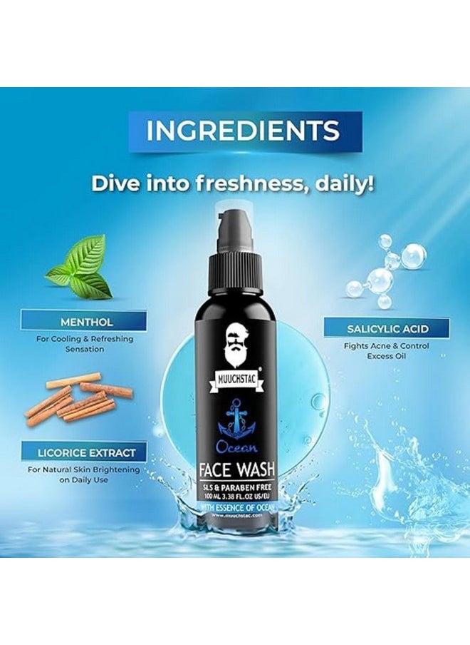 Ocean Face Wash For Men | Fight Acne & Pimples, Brighten Skin, Clears Dirt, Oil Control, Refreshing Feel - Multi-Action Formula (2X100 Ml)