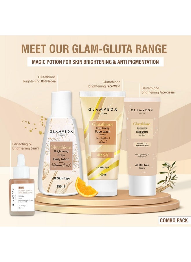 Glutathione Skin Perfecting Brightening & Dark Spots Removal 4 Steps Skincare Routine ( Face Wash + Face Cream + Face Serum + Body Lotion )