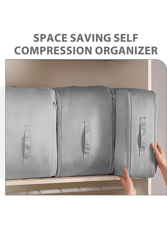 Ultra Space Saving Self Compression Organizer, Heavy Duty Moving Bags, Storage Tote for Space Saving, Self Compressing Moving Clothes Organizer Bags for Comforters Clothes Bedding (Grey, X-Large)