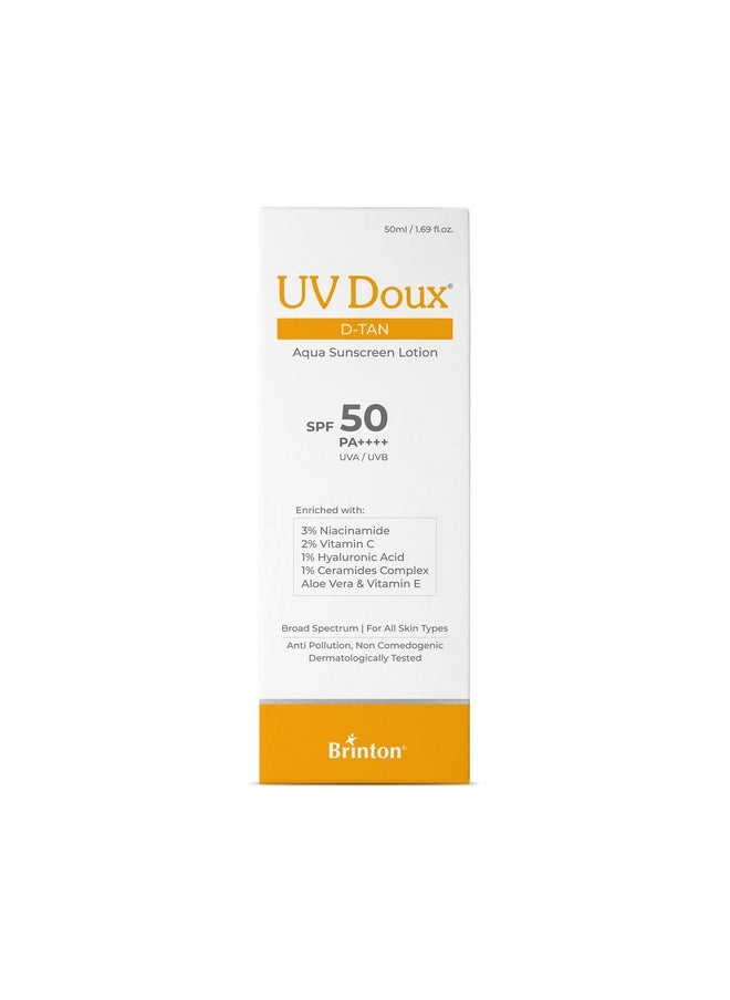 Uv Doux D-Tan Aqua Sunscreen Lotion | Spf 50 Pa++++ | 8-Hour Hydration, D-Tan Formula With Niacinamide & Vitamin C, 50 Ml (Pack Of 1)