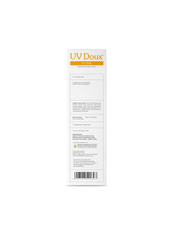 Uv Doux D-Tan Aqua Sunscreen Lotion | Spf 50 Pa++++ | 8-Hour Hydration, D-Tan Formula With Niacinamide & Vitamin C, 50 Ml (Pack Of 1)