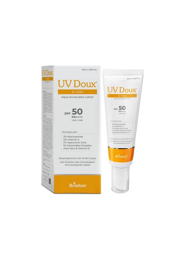 Uv Doux D-Tan Aqua Sunscreen Lotion | Spf 50 Pa++++ | 8-Hour Hydration, D-Tan Formula With Niacinamide & Vitamin C, 50 Ml (Pack Of 1)