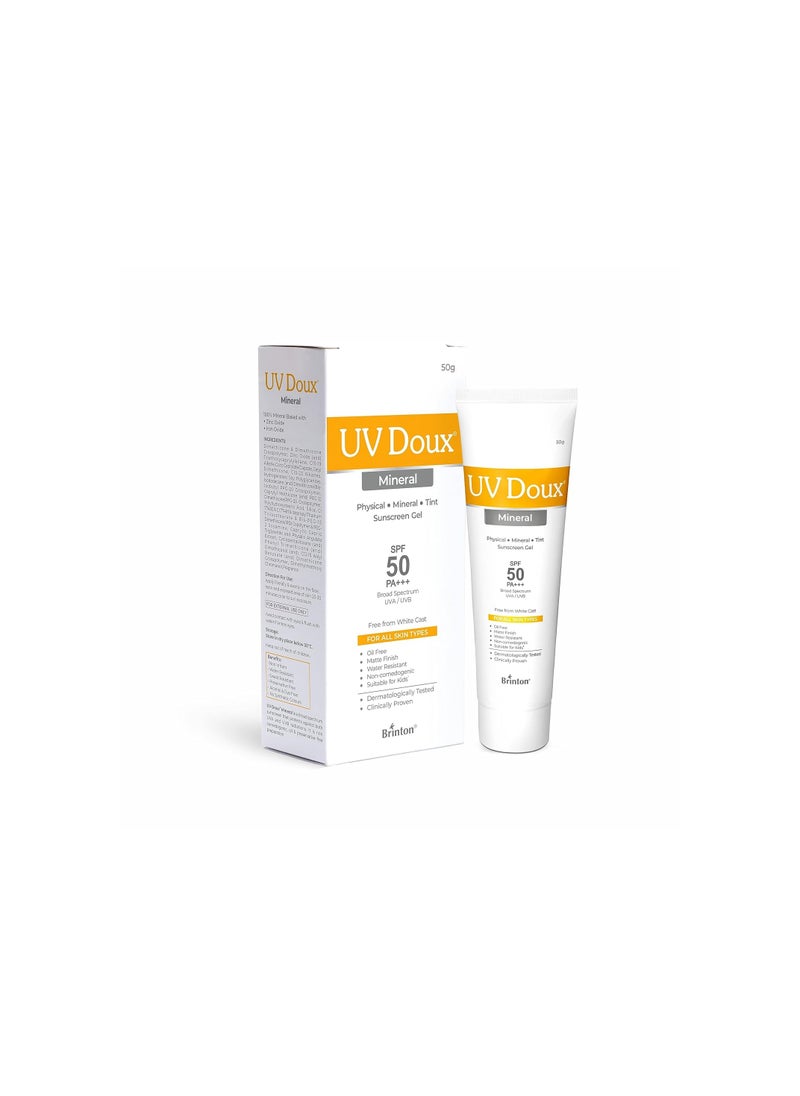 UV Doux Mineral Based Tinted Sunscreen Gel with SPF 50 PA+++ Broad Spectrum | Physical Sunscreen Gel with No White Cast | Matte Finish with Sweat & Water Resistance For Men & Women | For All Skin Types, 50g