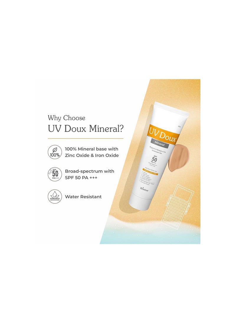 UV Doux Mineral Based Tinted Sunscreen Gel with SPF 50 PA+++ Broad Spectrum | Physical Sunscreen Gel with No White Cast | Matte Finish with Sweat & Water Resistance For Men & Women | For All Skin Types, 50g