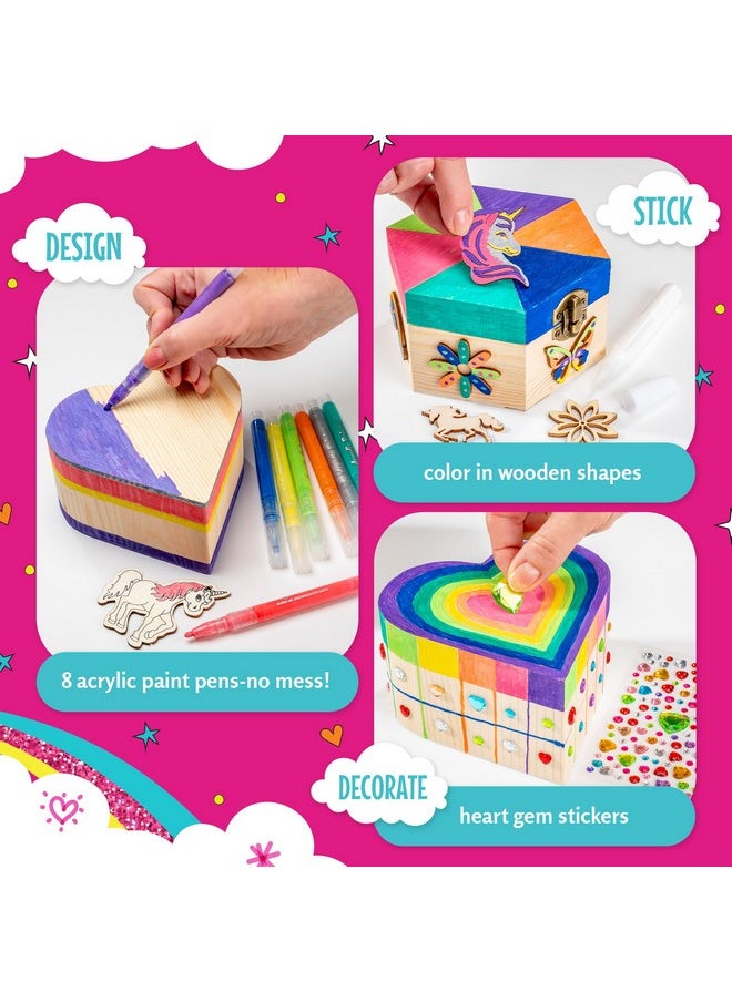Jewelry & Treasure Box, Diy Jewelry Box, Diy Craft For Kids Include Wooden Boxes, Shapes, Acrylic Paint Pens, Gem Stickers & Table Cover, Ideal Painting Crafts For Girls For Ages 6-8