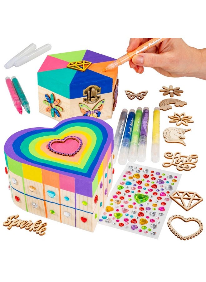 Jewelry & Treasure Box, Diy Jewelry Box, Diy Craft For Kids Include Wooden Boxes, Shapes, Acrylic Paint Pens, Gem Stickers & Table Cover, Ideal Painting Crafts For Girls For Ages 6-8