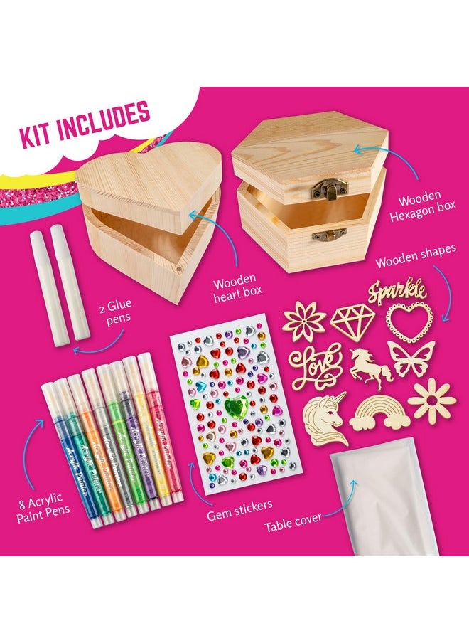 Jewelry & Treasure Box, Diy Jewelry Box, Diy Craft For Kids Include Wooden Boxes, Shapes, Acrylic Paint Pens, Gem Stickers & Table Cover, Ideal Painting Crafts For Girls For Ages 6-8