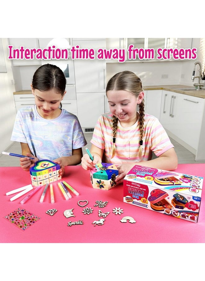 Jewelry & Treasure Box, Diy Jewelry Box, Diy Craft For Kids Include Wooden Boxes, Shapes, Acrylic Paint Pens, Gem Stickers & Table Cover, Ideal Painting Crafts For Girls For Ages 6-8