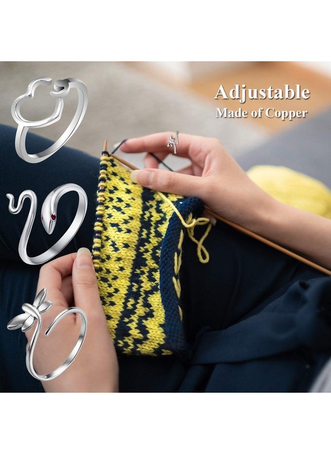 12Pcs Adjustable Silver Knitting Ring Loops Crochet Accessories Yarn Guide Finger Holder Thimble Tool & Accessories Set For Finger Protection (Silver)