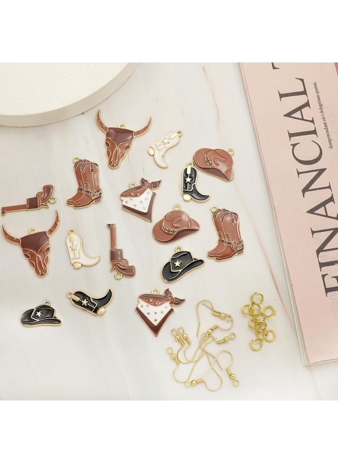 34Pcs Western Cowboy Cowgirl Hat Boots Charms For Jewelry Making, Brown Enamel Bull Head Heart Pendant Charms For Earrings Bracelet Necklace Diy Crafts