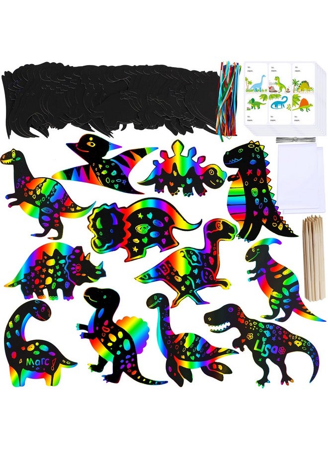 48 Sets 12 Styles Magic Color Scratch Dinosaur Ornaments Craft Kits Rainbow Scratch Paper Art Sets Scratch Paper Dinosaur With Scratching Tools For Kids Classroom Activities Party Favors