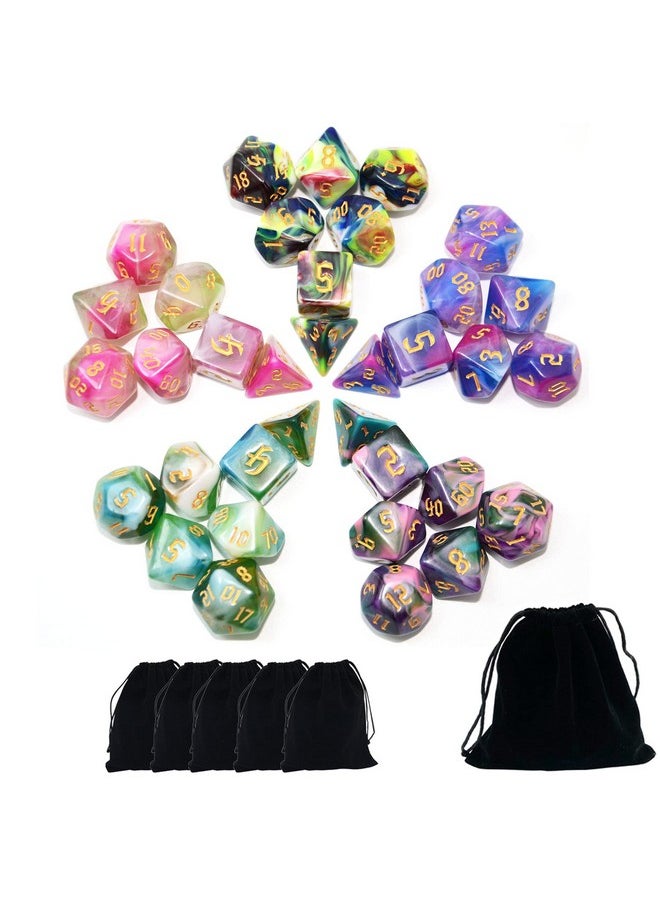 5 X 7 Polyhedral Dice Sets With Pouches For Dnd Rpg Mtg Dungeon And Dragons Table Board Roll Playing Games D4 D8 D10 D12 D20 (4-Color Sets)