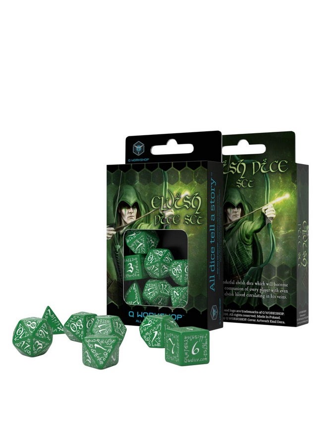 Q-Workshop Elvish Dice Green And White - Set Of 7 Dice