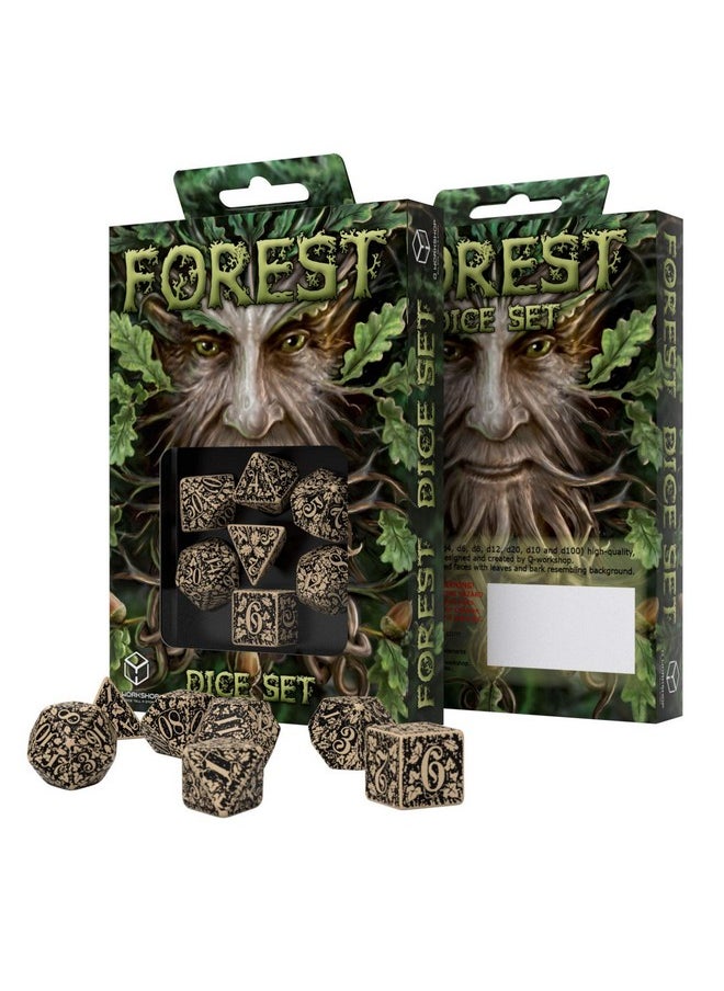 Forest Engraved Beige & Black Rpg Ornamented Dice Set 7 Polyhedral Pieces