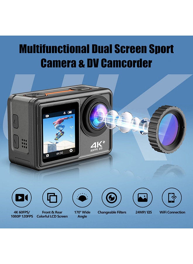 4K 24MP Dual Screen Sport Camera DV Camcorder 2.0 Inch Screen 170° Wide Angle EIS 40m Waterproof WiFi with Macro Lens Remote Control for Outdoor Sports