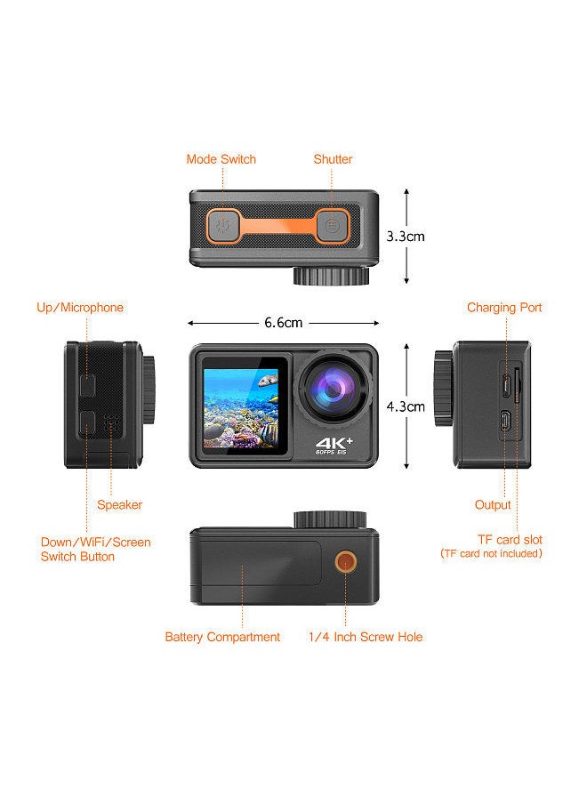 4K 24MP Dual Screen Sport Camera DV Camcorder 2.0 Inch Screen 170° Wide Angle EIS 40m Waterproof WiFi with Macro Lens Remote Control for Outdoor Sports