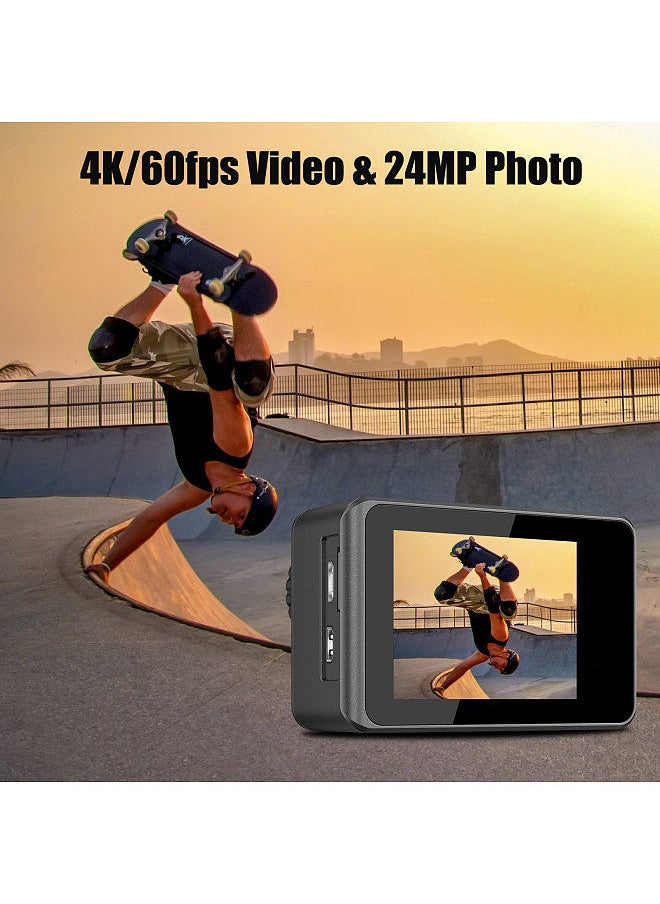 4K 24MP Dual Screen Sport Camera DV Camcorder 2.0 Inch Screen 170° Wide Angle EIS 40m Waterproof WiFi with Macro Lens Remote Control for Outdoor Sports