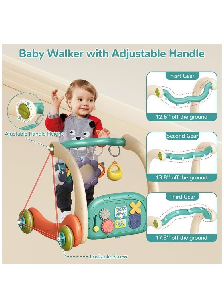 Baby Walker with Play Mat & Adjustable Handle, Fun Interactive Baby Walker, 3 Height Levels, Musical Toys & Play Features, Safe and Comfortable for Babies