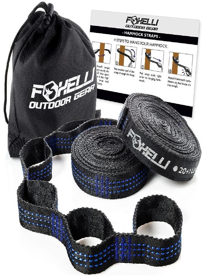 Foxelli Hammock Straps XL - Camping Hammock Tree Straps Set (2 Straps & Carrying Bag), 20 ft Long Combined, 40+2 Loops, 2000 LBS No-Stretch Heavy Duty Straps for Hammock Suspension System Kit