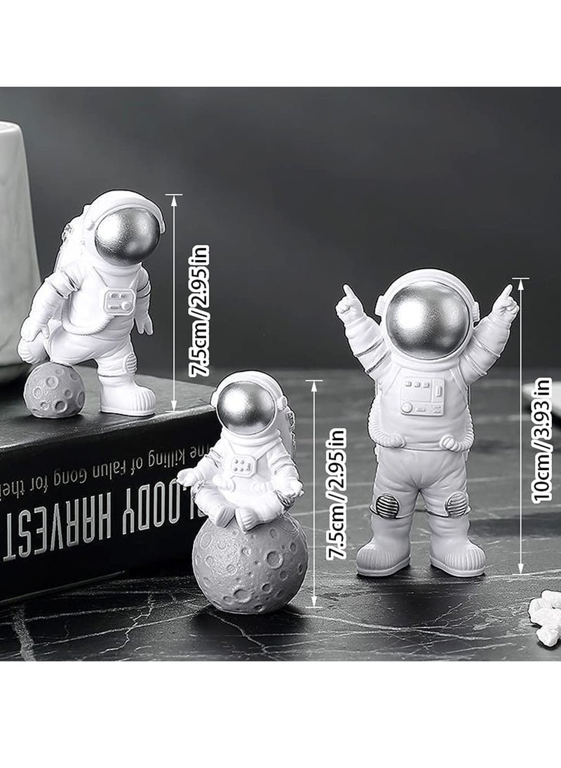 3 Pcs Astronaut Figurines Cake Topper Outer Space Spaceman Action Figure Statue Tabletop Ornament Miniature Astronaut Figures for Outer Space Birthday Cake Decoration, Silver