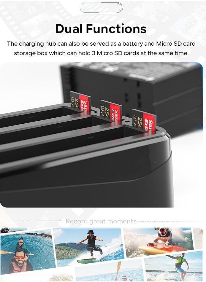 Battery Charger for Insta360 X4 with Misro SD Card Slots and USB Type C Cable Can Charge Three Batteries Simultaneously