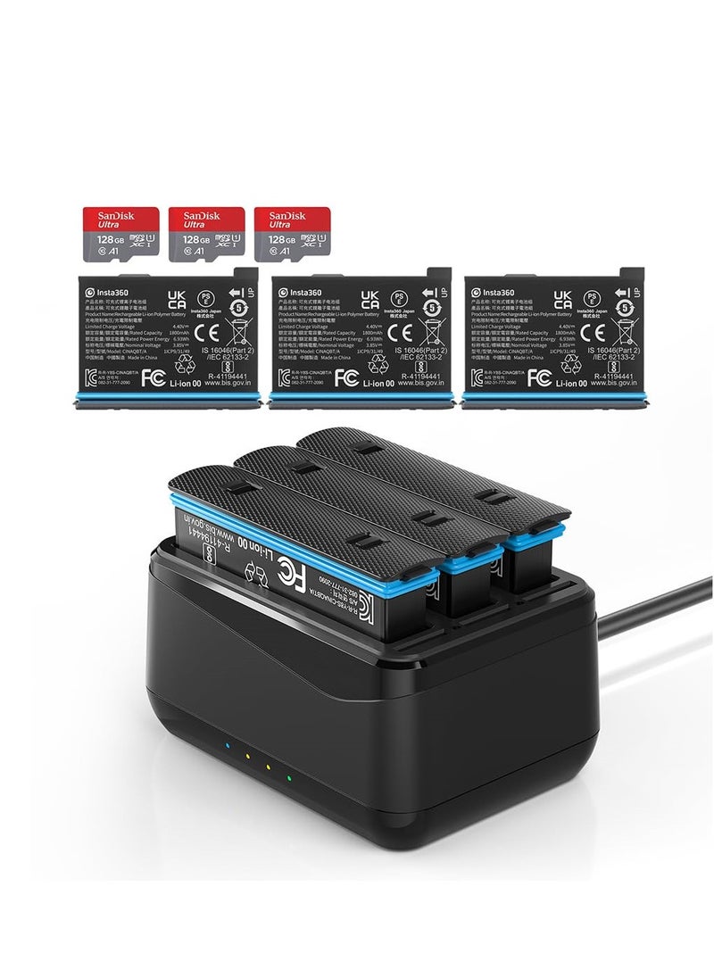 Battery Charger for Insta360 X4 with Misro SD Card Slots and USB Type C Cable Can Charge Three Batteries Simultaneously