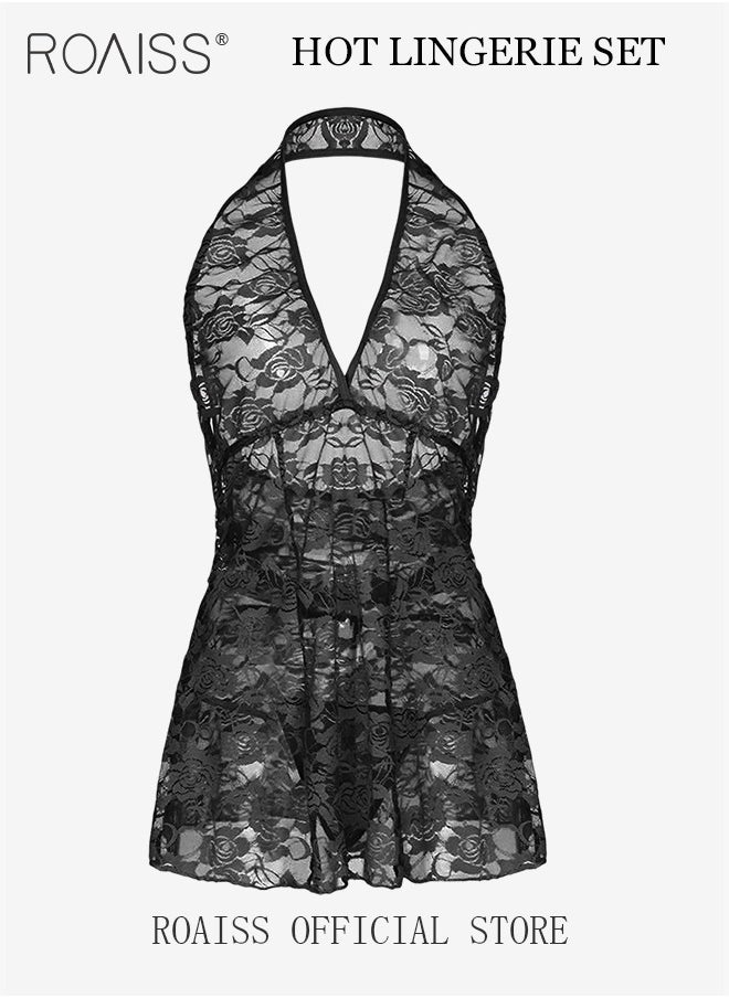 Women's Lace Nightdress Suit Fashion Sleeveless Strap Nightgown Neck Lace Nightdress Perspective V Neck Lingerie